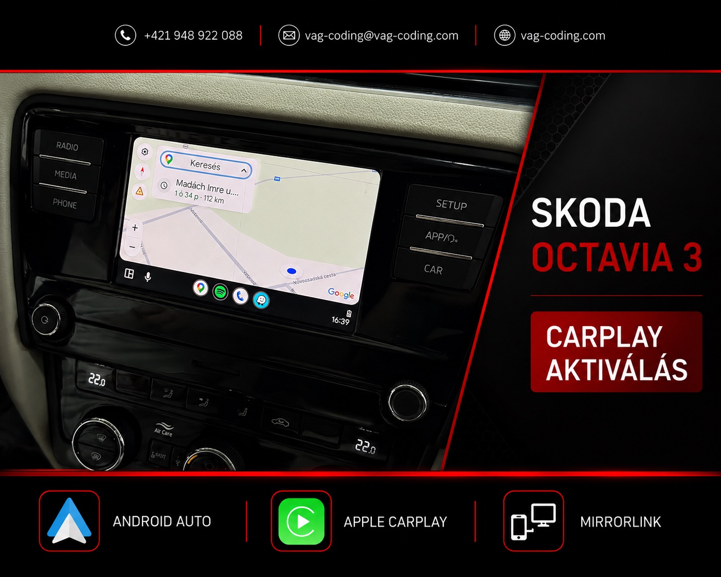 Skoda Octavia 3 SWING fejegység CarPlay és Android Auto aktiválással