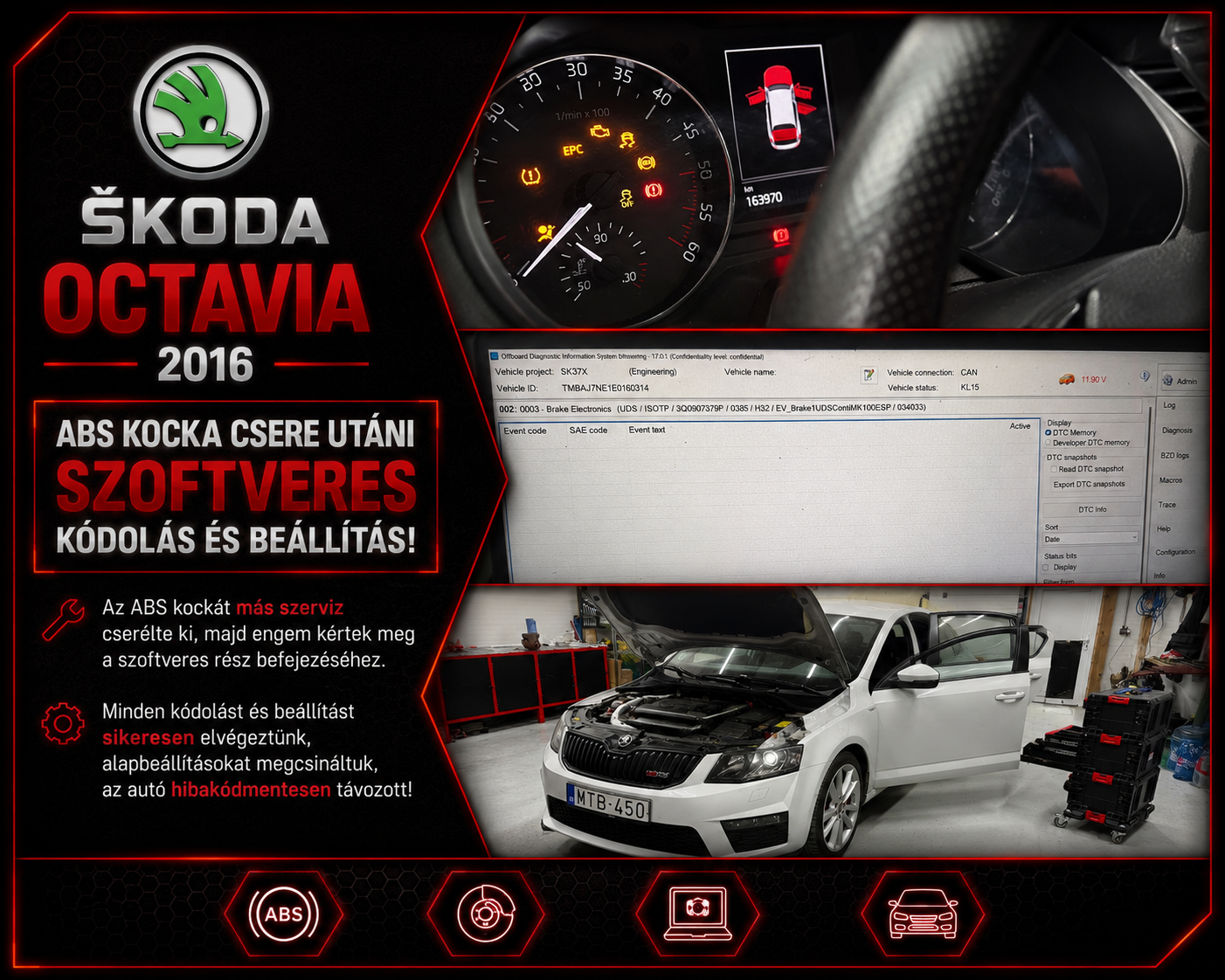 Skoda Octavia 3 vRS 2016 ABS vezérlő csere utáni kódolás és beállítás
